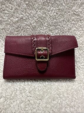 Pebbled Burgundy Genuine Leather Wallet with Buckle Strap, Whipstitch Details